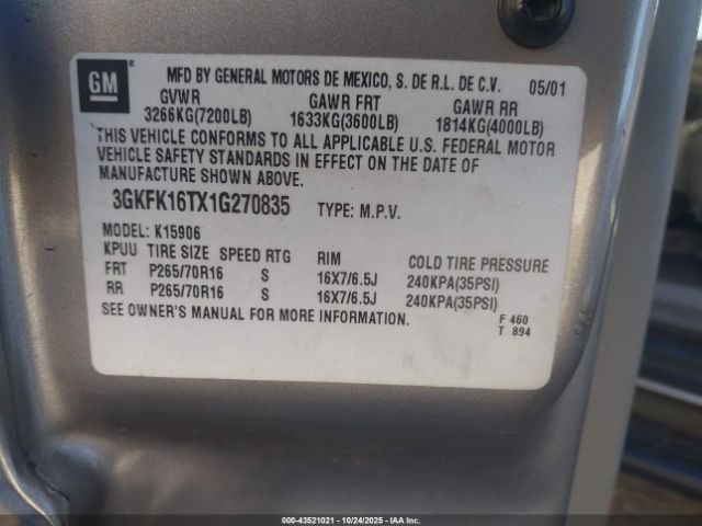 2001 GMC YUKON XL 1500 3GKFK16TX1G270835 Photo 8