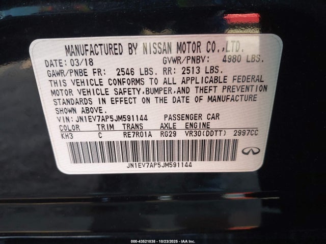 Aukcja sprzedaży 2018 Infiniti Q50 3.0t Luxe, vin: JN1EV7AP5JM591144, numer aukcji: 43521038