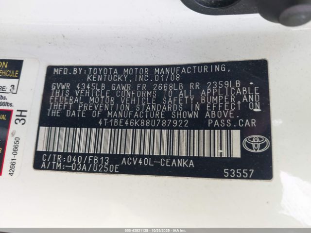 2008 TOYOTA CAMRY 4T1BE46K88U787922 Photo 8