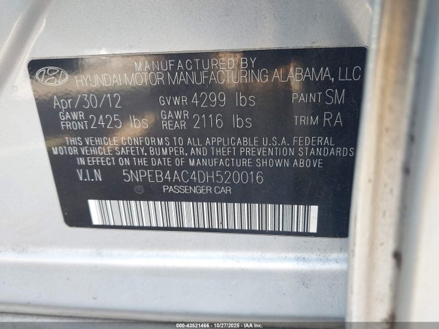 43521466 :رقم المزاد ، 5NPEB4AC4DH520016 vin ، 2013 Hyundai Sonata Gls مزاد بيع