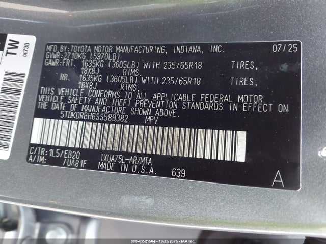 5TDKDRBH6SS589382 Toyota Highlander Xle