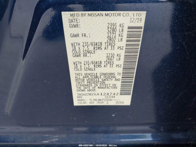 5N1AZ2BS5LN124742 Nissan Murano Sv Intelligent Awd