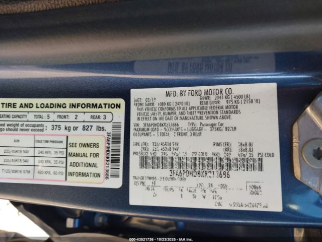 2019 FORD FUSION 3FA6P0HD8KR213686 Photo 8