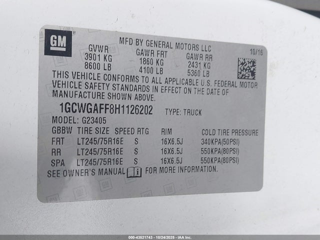 2017 Chevrolet Express 2500 Work Van მანქანა იყიდება აუქციონზე, vin: 1GCWGAFF8H1126202, აუქციონის ნომერი: 43521743
