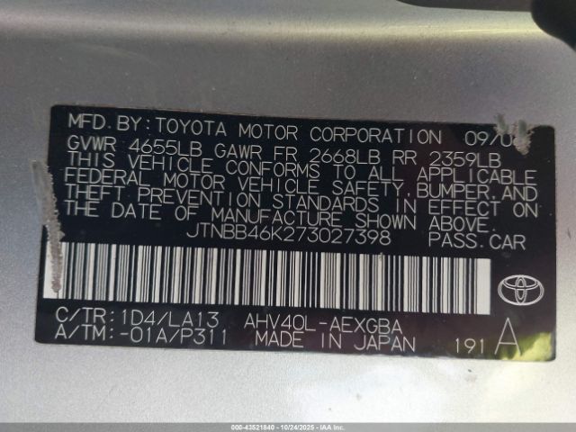 2007 TOYOTA CAMRY HYBRID JTNBB46K273027398 Photo 8
