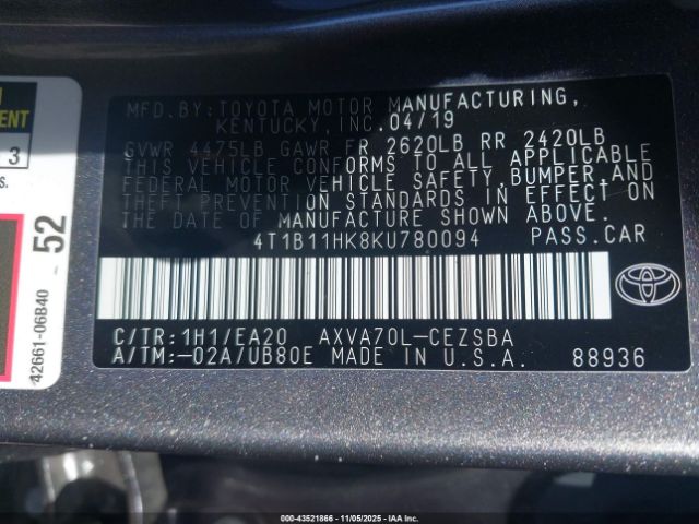 2019 TOYOTA CAMRY 4T1B11HK8KU780094 Photo 8