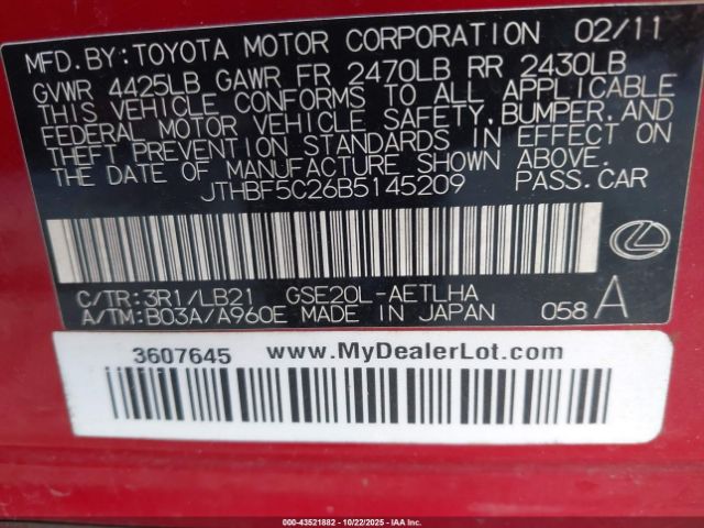 2011 LEXUS IS 250 JTHBF5C26B5145209 Photo 8