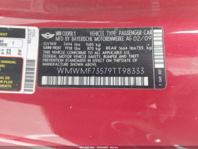 2009 MINI COOPER WMWMF73579TT98333 Photo 8