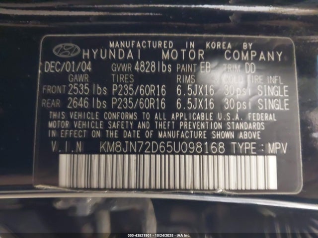 2005 HYUNDAI TUCSON KM8JN72D65U098168 Photo 8