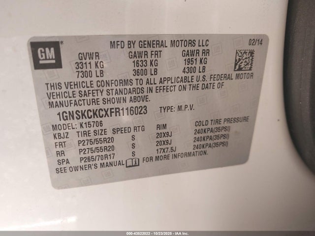 1GNSKCKCXFR116023 Chevrolet Tahoe Ltz