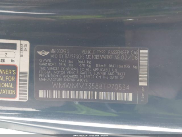 2008 MINI COOPER S CLUBMAN WMWMM33588TP70534 Photo 8