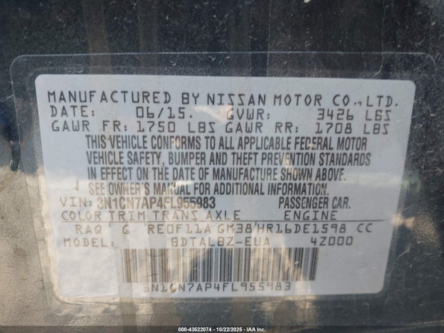 3N1CN7AP4FL955983 Nissan Versa 1.6 Sv