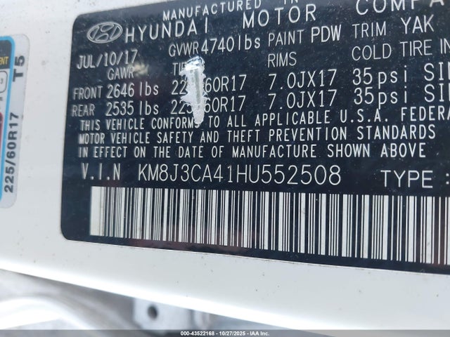 Aukcja sprzedaży 2017 Hyundai Tucson Se, vin: KM8J3CA41HU552508, numer aukcji: 43522168