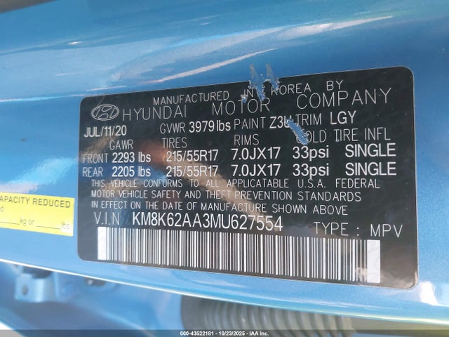 43522181 :رقم المزاد ، KM8K62AA3MU627554 vin ، 2021 Hyundai Kona Sel Plus مزاد بيع