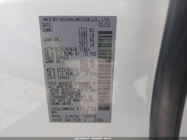 Aukcja sprzedaży 2013 Infiniti Jx35, vin: 5N1AL0MM3DC335732, numer aukcji: 43522214