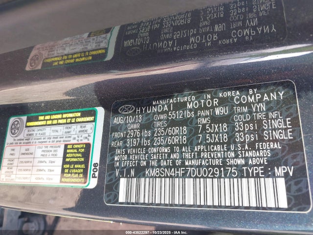 Продажа на аукционе авто 2013 Hyundai Santa Fe Gls, vin: KM8SN4HF7DU029175, номер лота: 43522297