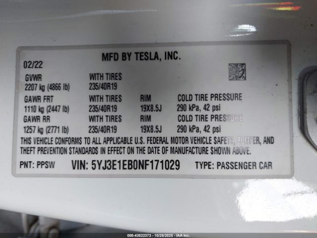 2022 TESLA MODEL 3 5YJ3E1EB0NF171029 Photo 8