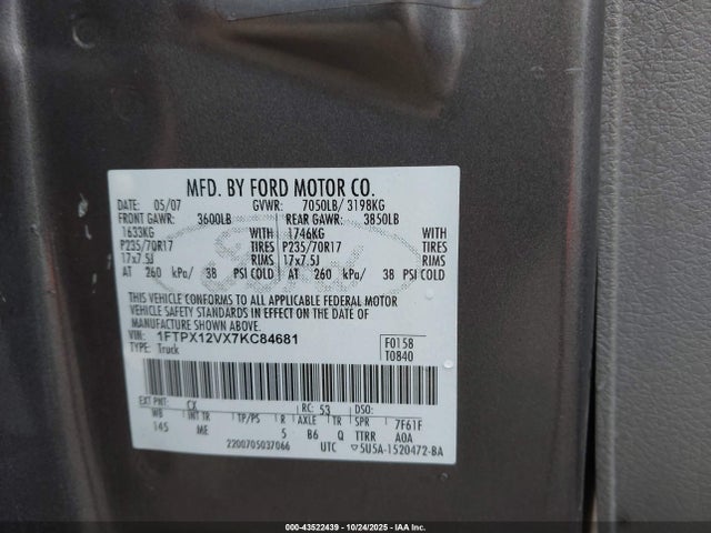Aukcja sprzedaży 2007 Ford F-150 Lariat/stx/xl/xlt, vin: 1FTPX12VX7KC84681, numer aukcji: 43522439