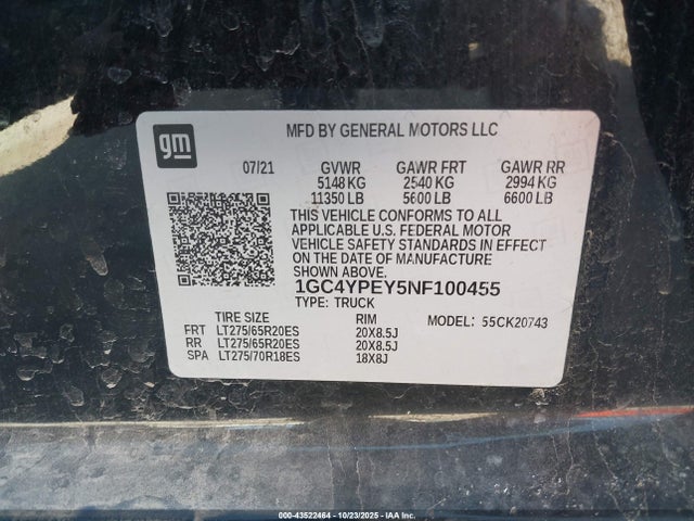 2022 Chevrolet Silverado 2500hd 4wd  Standard Bed Ltz მანქანა იყიდება აუქციონზე, vin: 1GC4YPEY5NF100455, აუქციონის ნომერი: 43522464