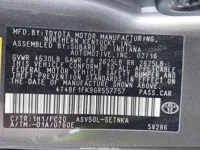 43522755 :رقم المزاد ، 4T4BF1FK9GR557757 vin ، 2016 Toyota Camry Le مزاد بيع
