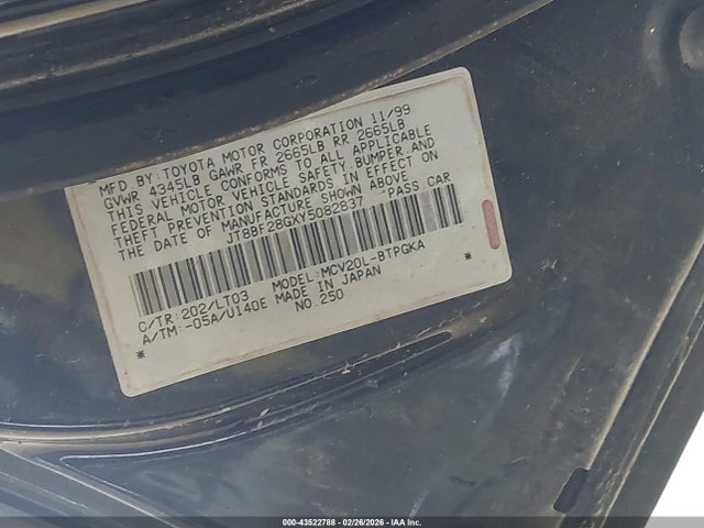 Aukcja sprzedaży 2000 Lexus Es 300, vin: JT8BF28GXY5082837, numer aukcji: 43522788