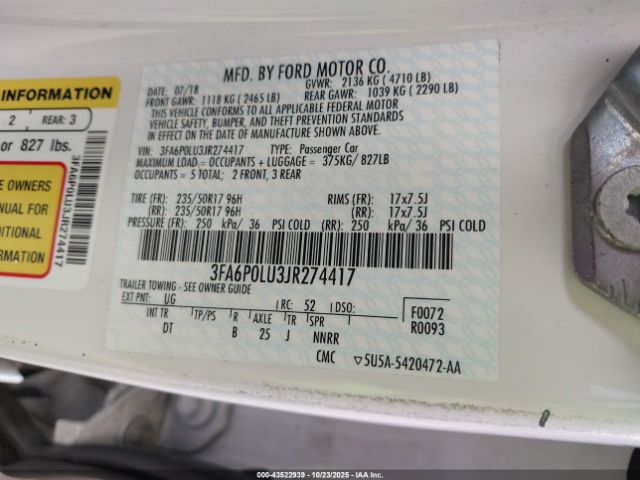 2018 FORD FUSION HYBRID 3FA6P0LU3JR274417 Photo 8