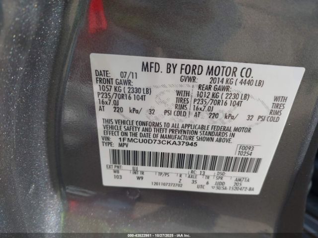 2012 FORD ESCAPE 1FMCU0D73CKA37945 Photo 8