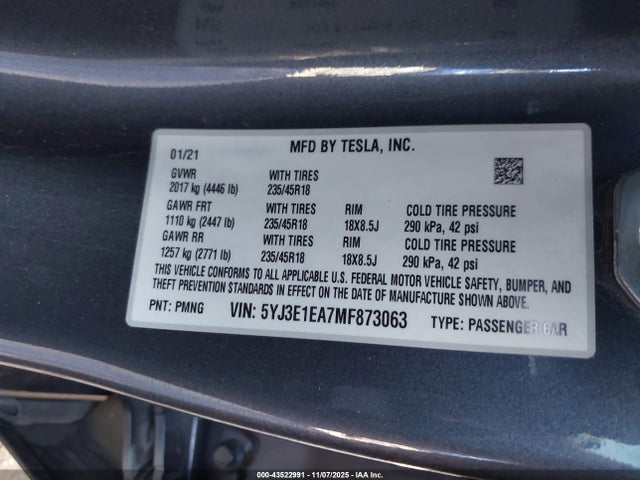 5YJ3E1EA7MF873063 Tesla Model 3 Standard Range Plus Rear-wheel Drive