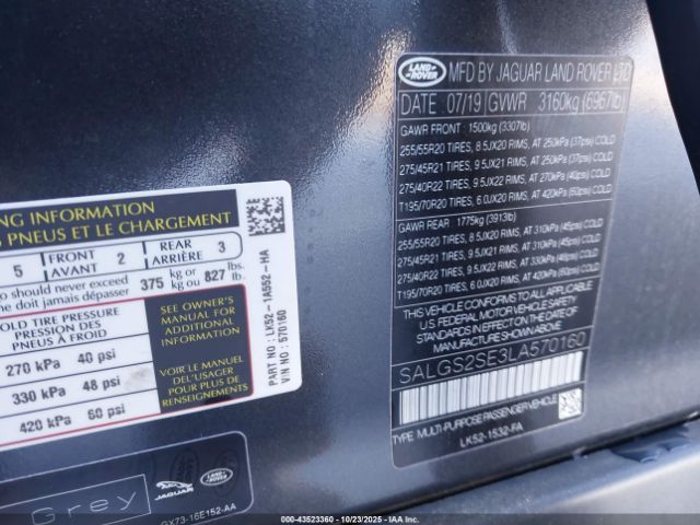 2020 LAND ROVER RANGE ROVER SALGS2SE3LA570160 Photo 8
