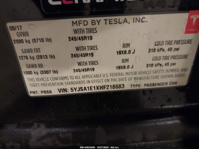 2017 TESLA MODEL S 5YJSA1E1XHF218683 Photo 8