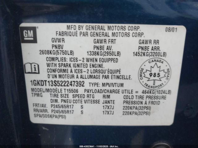 2002 GMC ENVOY 1GKDT13S522247392 Photo 8