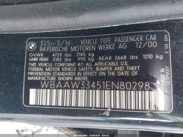 2001 Bmw 325i მანქანა იყიდება აუქციონზე, vin: WBAAW33451EN80298, აუქციონის ნომერი: 43523695