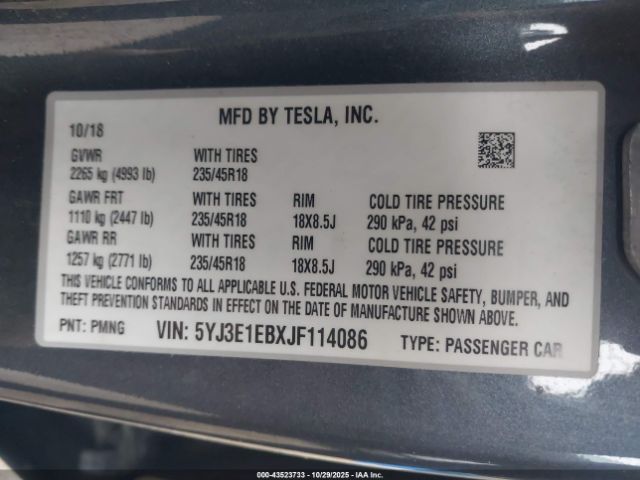 2018 TESLA MODEL 3 5YJ3E1EBXJF114086 Photo 8