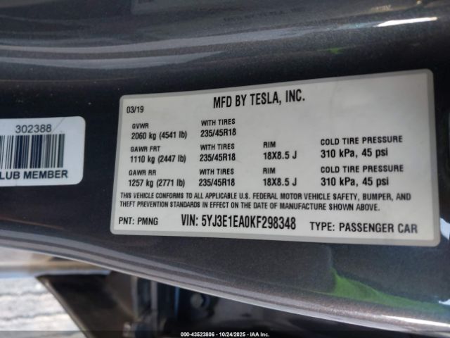2019 TESLA MODEL 3 5YJ3E1EA0KF298348 Photo 8