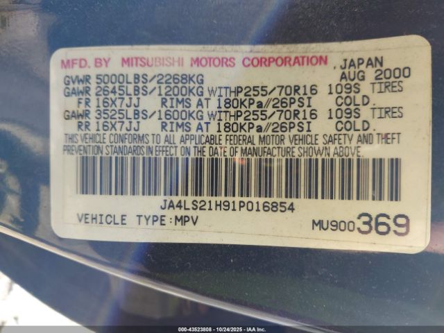 2001 MITSUBISHI MONTERO JA4LS21H91P016854 Photo 8