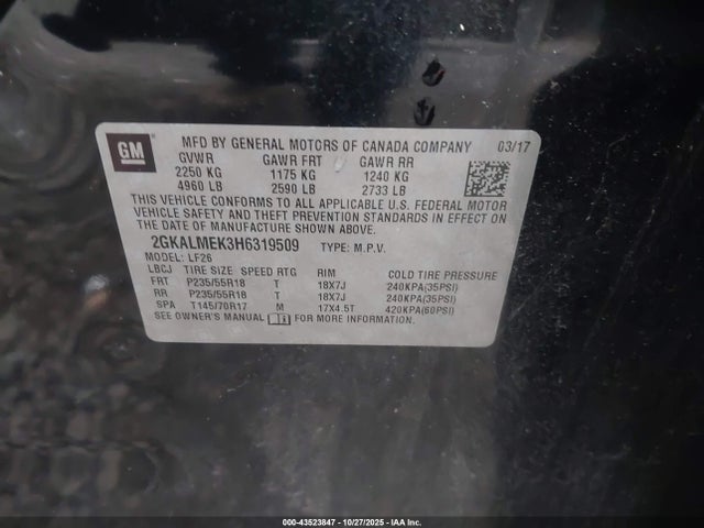 Aukcja sprzedaży 2017 Gmc Terrain Sle-1, vin: 2GKALMEK3H6319509, numer aukcji: 43523847