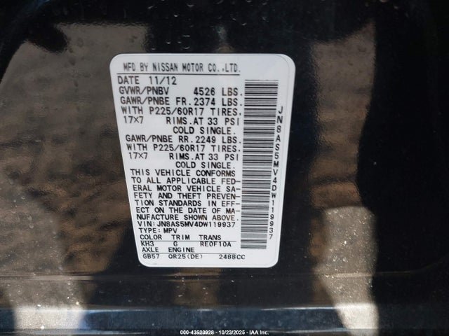 43523928 :رقم المزاد ، JN8AS5MV4DW119937 vin ، 2013 Nissan Rogue Sv مزاد بيع