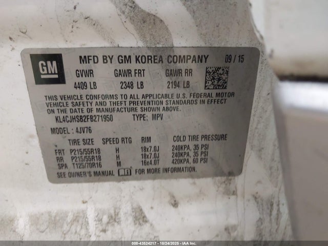 Aukcja sprzedaży 2015 Buick Encore Premium, vin: KL4CJHSB2FB271950, numer aukcji: 43524217