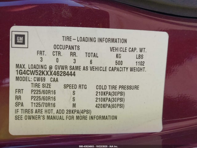 43524503 :رقم المزاد ، 1G4CW52KXX4628444 vin ، 1999 Buick Park Avenue مزاد بيع