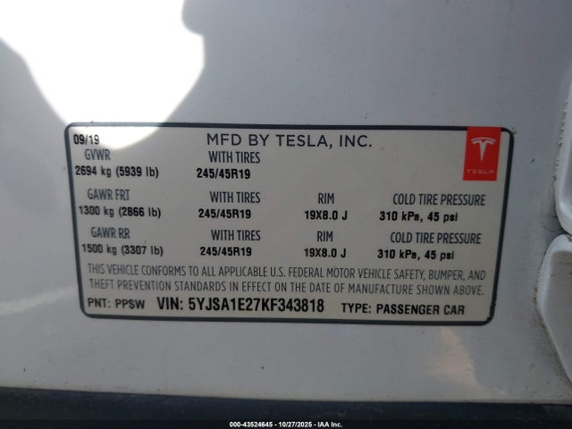 2019 TESLA MODEL S 5YJSA1E27KF343818 Photo 8