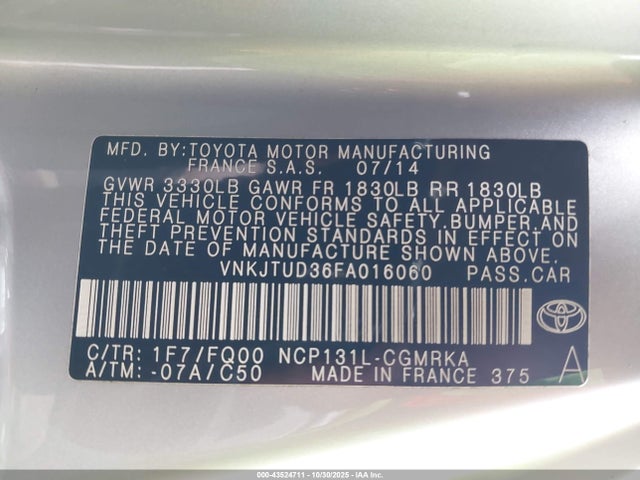 Продаж на аукціоні авто 2015 Toyota Yaris L, vin: VNKJTUD36FA016060, номер лоту: 43524711