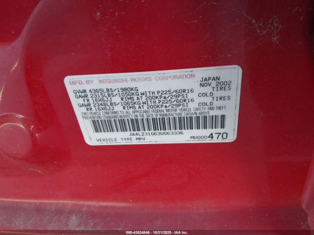 2003 MITSUBISHI OUTLANDER JA4LZ31G63U063336 Photo 8