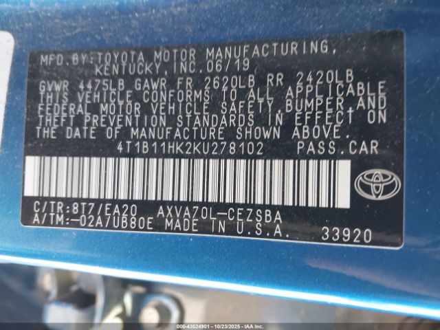 2019 TOYOTA CAMRY 4T1B11HK2KU278102 Photo 8