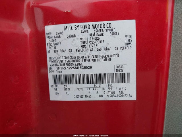 Aukcja sprzedaży 2008 Ford F-150 Xl, vin: 1FTRF12258KE35929, numer aukcji: 43524914