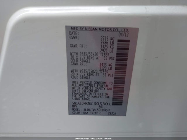 Продажа на аукционе авто 2013 Infiniti Jx35, vin: 5N1AL0MM2DC305301, номер лота: 43524921