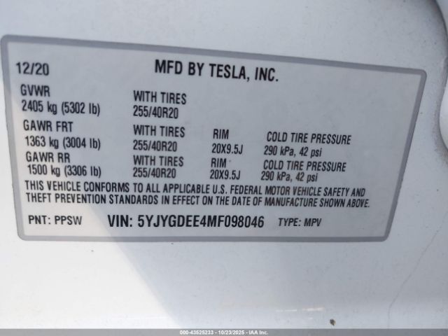 2021 TESLA MODEL Y 5YJYGDEE4MF098046 Photo 8