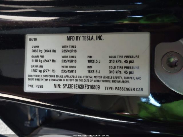 2019 TESLA MODEL 3 5YJ3E1EA3KF316809 Photo 8
