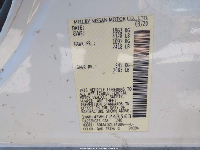 Продажа на аукционе авто 2020 Nissan Altima S Fwd, vin: 1N4BL4BV6LC243563, номер лота: 43525331
