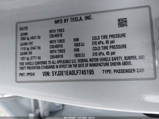 2020 TESLA MODEL 3 5YJ3E1EA0LF745195 Photo 8