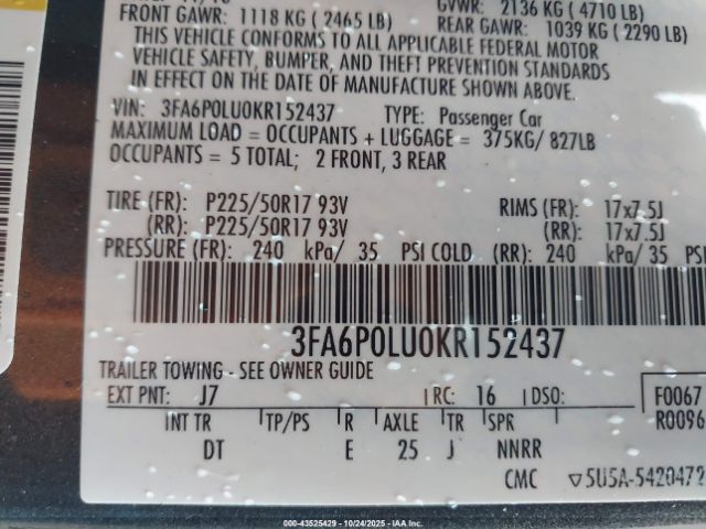 2019 FORD FUSION HYBRID 3FA6P0LU0KR152437 Photo 8